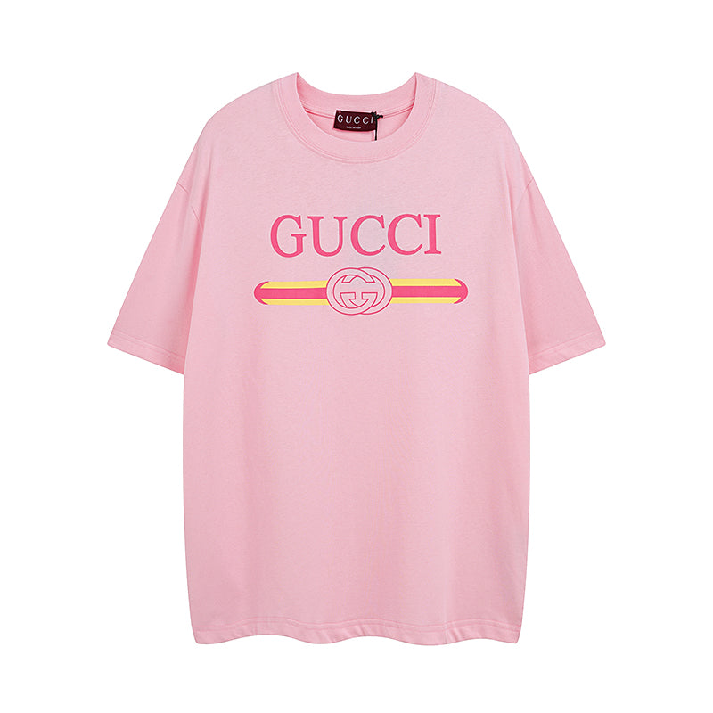 Pink short-sleeve T-shirt with Gucci front logo print and crew neck