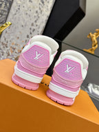 Pink and white Louis Vuitton sneakers back view on orange box, two pairs