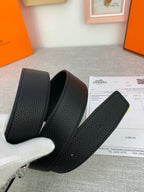 Hermes belt, black textured leather with silver-tone H buckle and strap end