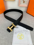 Hermes belt, black leather with silver-tone H buckle and textured finish