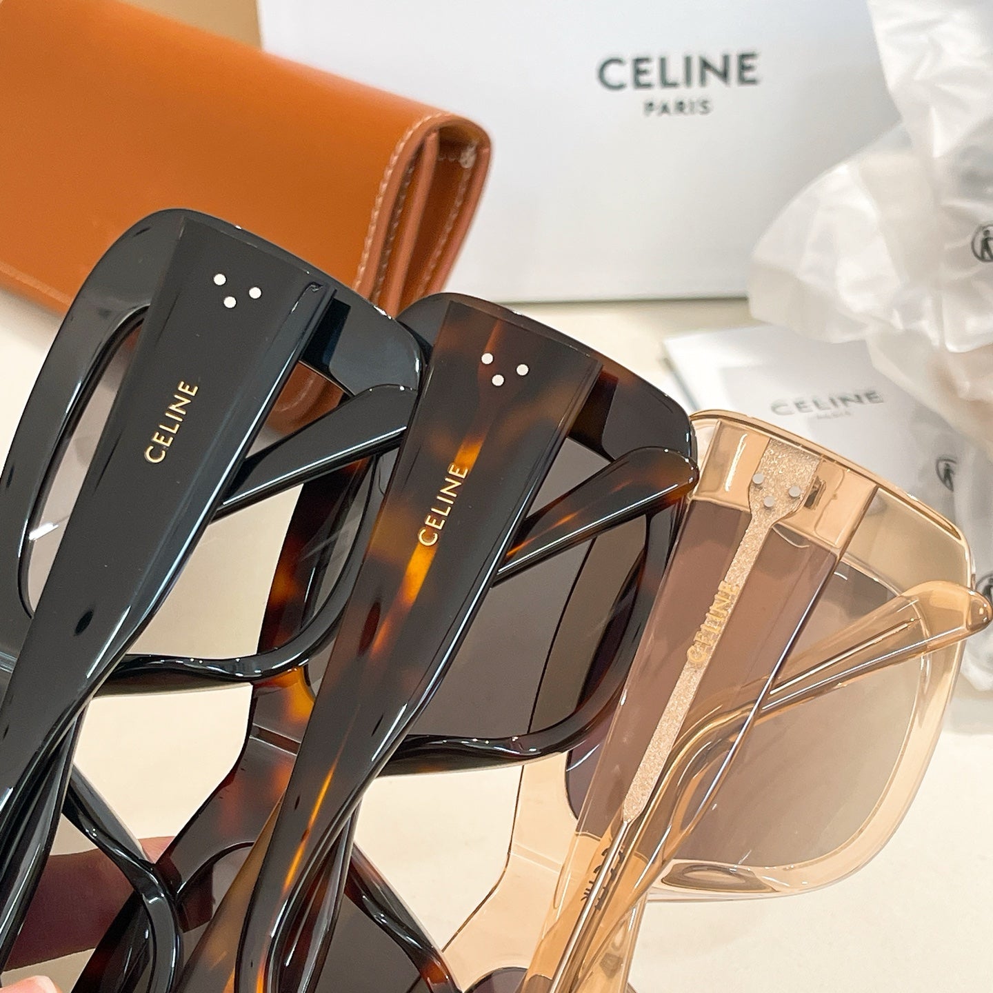 Celine sunglasses set with black, tortoise, and clear gold frames
