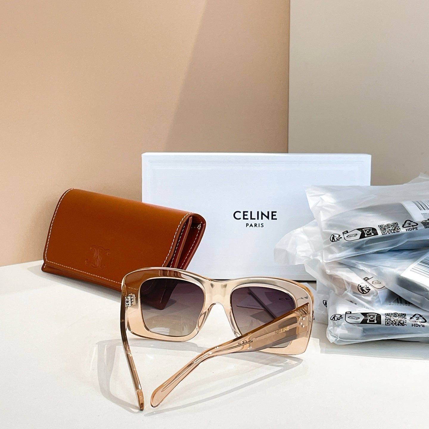 Celine clear gold square sunglasses with dark gradient lenses
