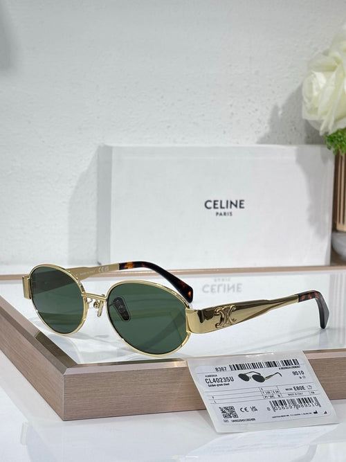 Round sunglasses, gold frame, dark green lenses, black temple tips
