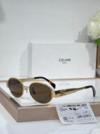 Round sunglasses, gold frame, brown lenses, black temple arms