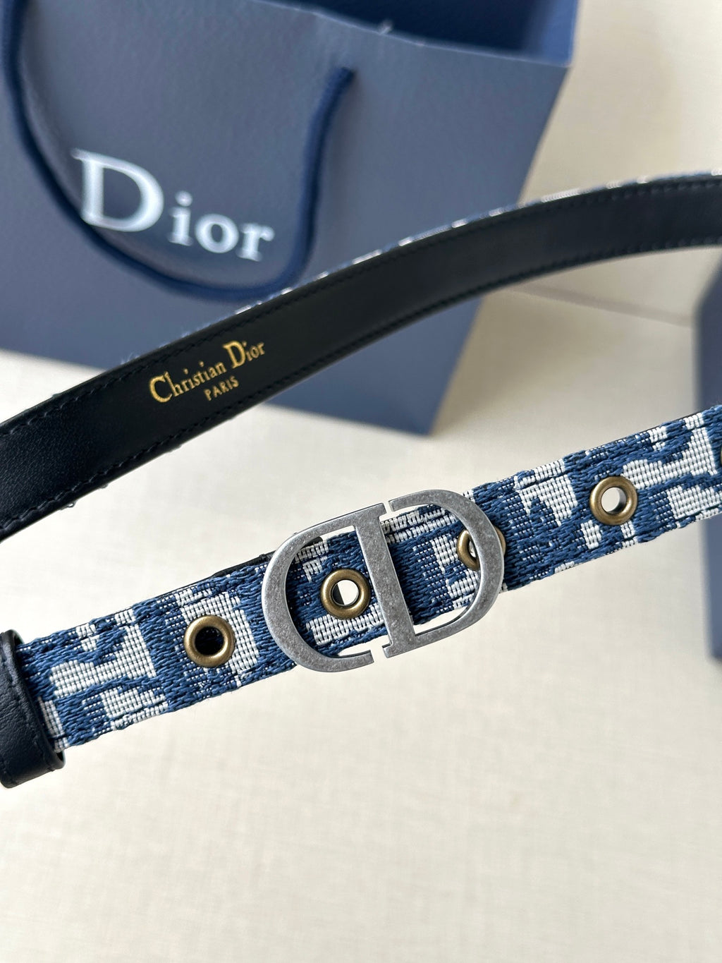 Dior belt close-up with blue monogram webbing, gold studs, and silver buckle.