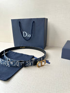 Dior belt, blue patterned strap with gold-tone buckle and black leather keeper