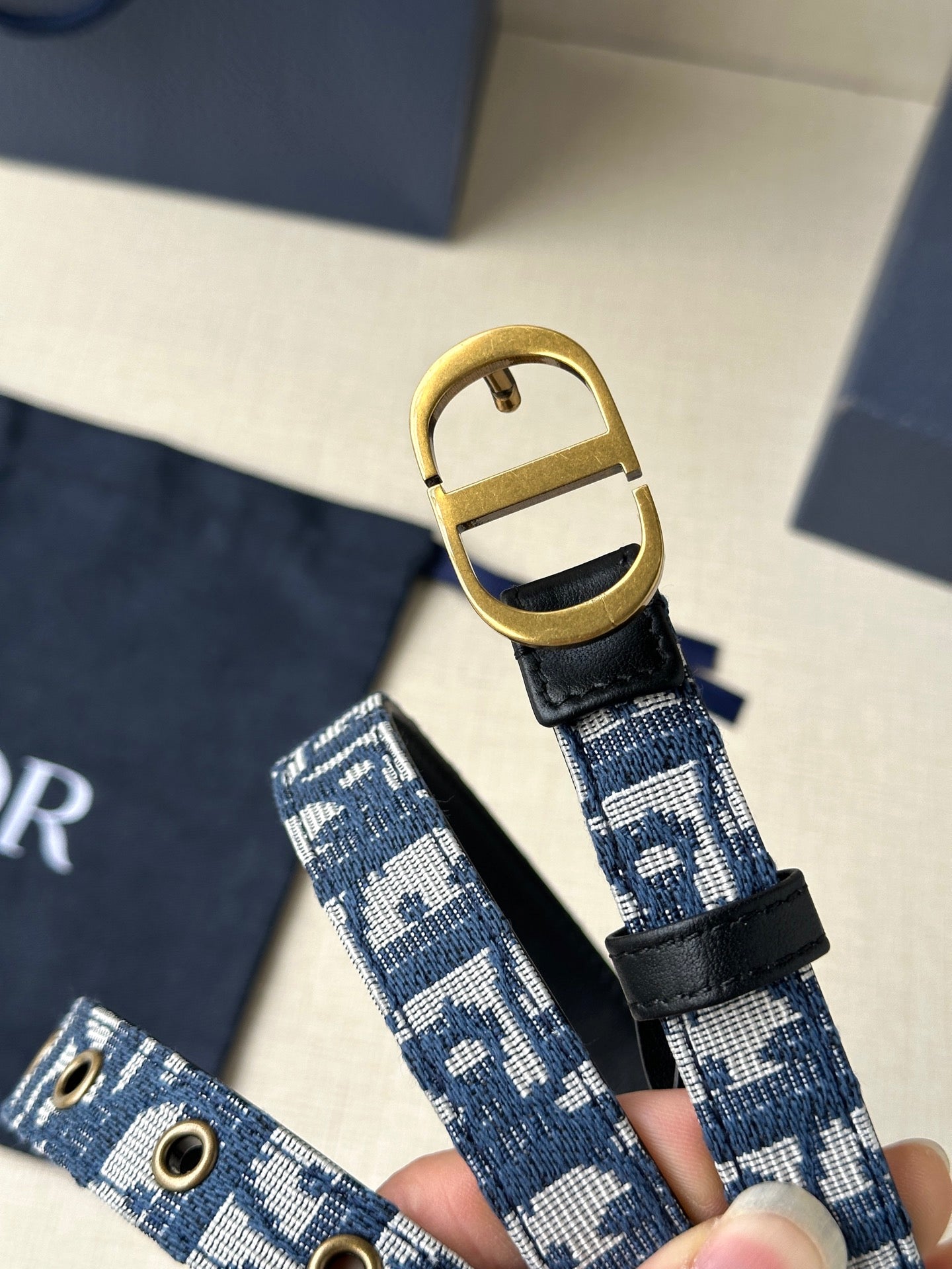 Dior belt end: blue logo strap with gold-tone buckle and black leather keeper