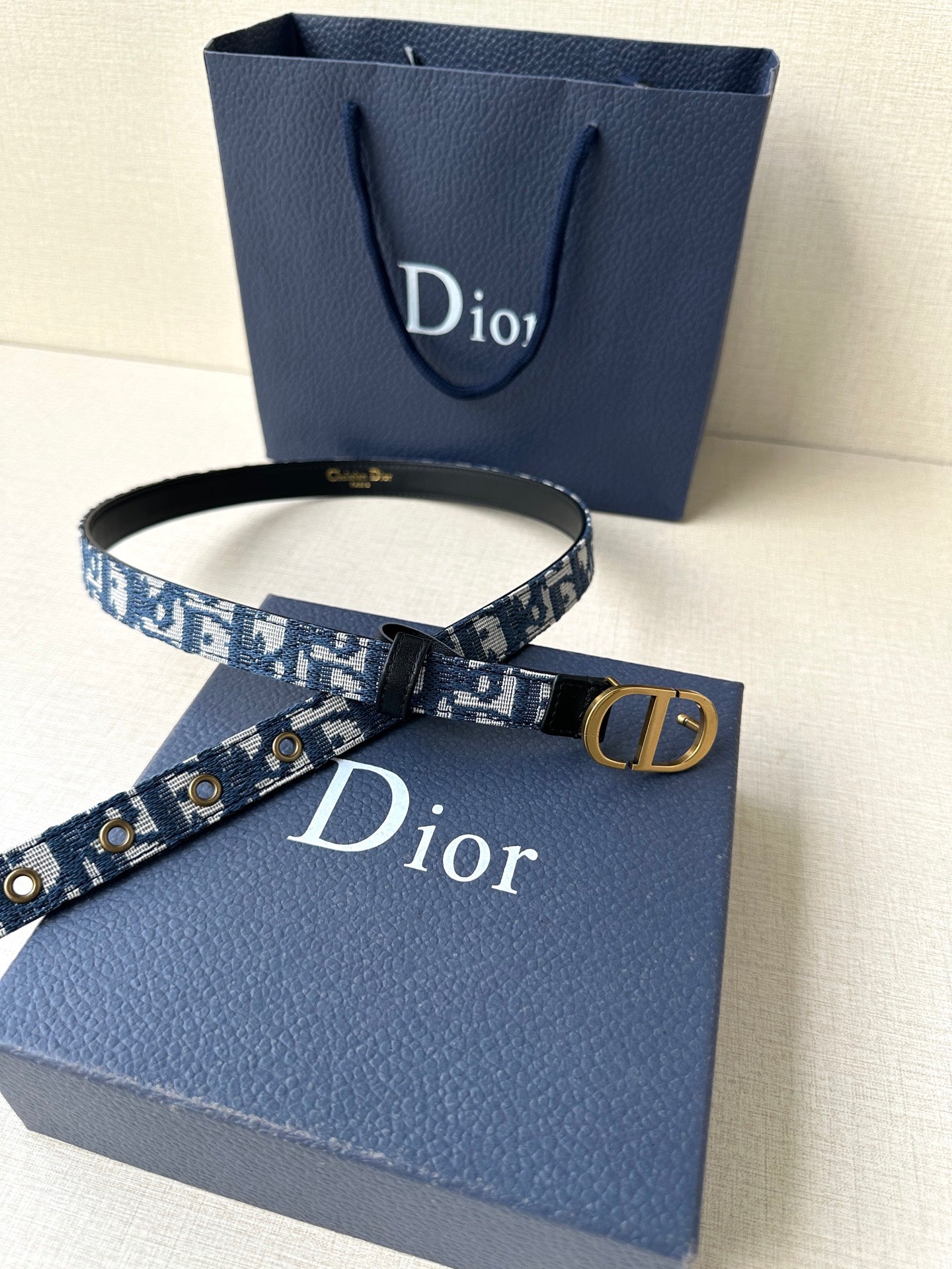 Dior belt with blue logo strap, gold-tone buckle, and adjustable hole setting