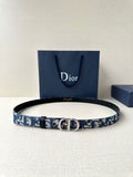 Blue Dior belt with patterned strap, black edge, silver buckle