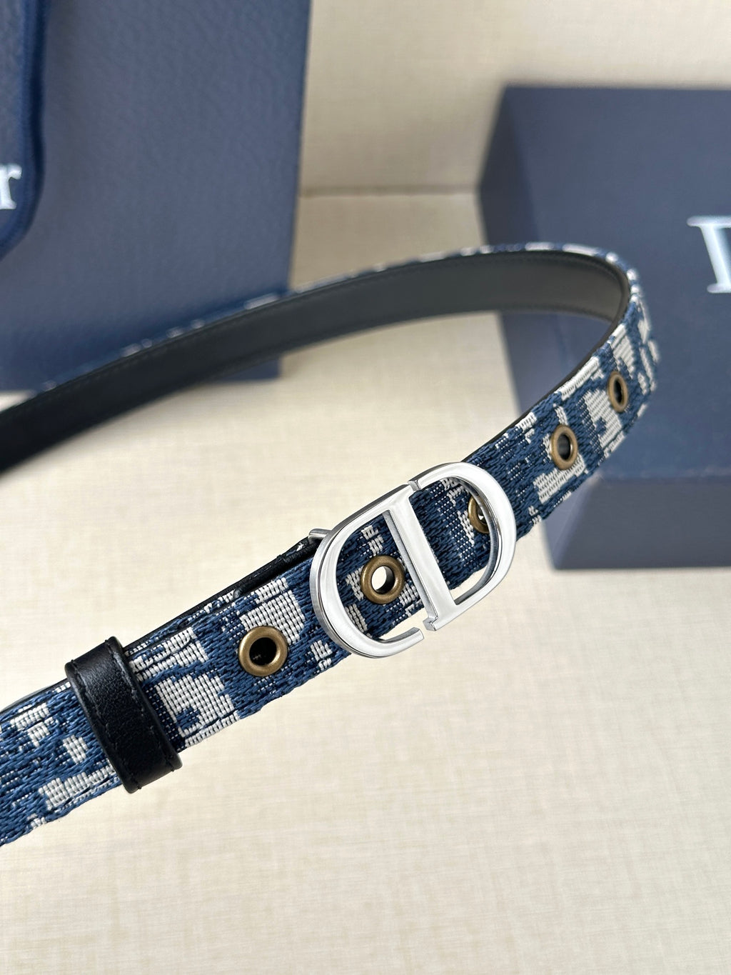 Dior belt close-up: blue logo-pattern strap with silver oval buckle and holes