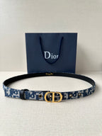 Dior belt with blue monogram strap and gold CD buckle, black leather trim