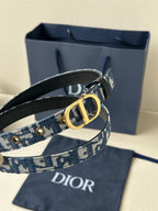 Dior belt with blue monogram strap, gold CD buckle and black leather backing