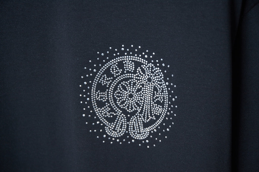 Dark navy T-shirt with circular rhinestone elephant graphic on front