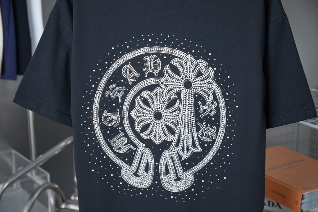 Dark navy short-sleeve crewneck T-shirt with large circular rhinestone elephant graphic