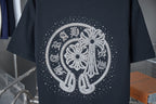 Dark navy short-sleeve crewneck T-shirt with large circular rhinestone elephant graphic
