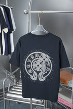 Dark navy short-sleeve crewneck T-shirt with large circular rhinestone elephant graphic
