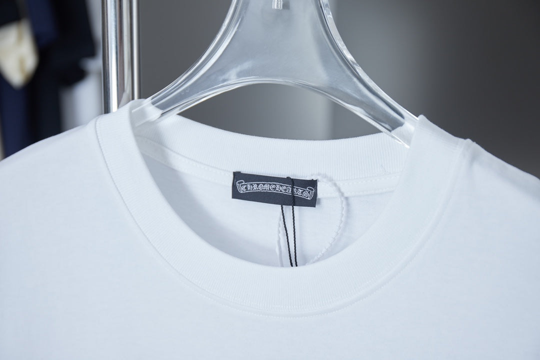White short-sleeve T-shirt neckline with small brand label
