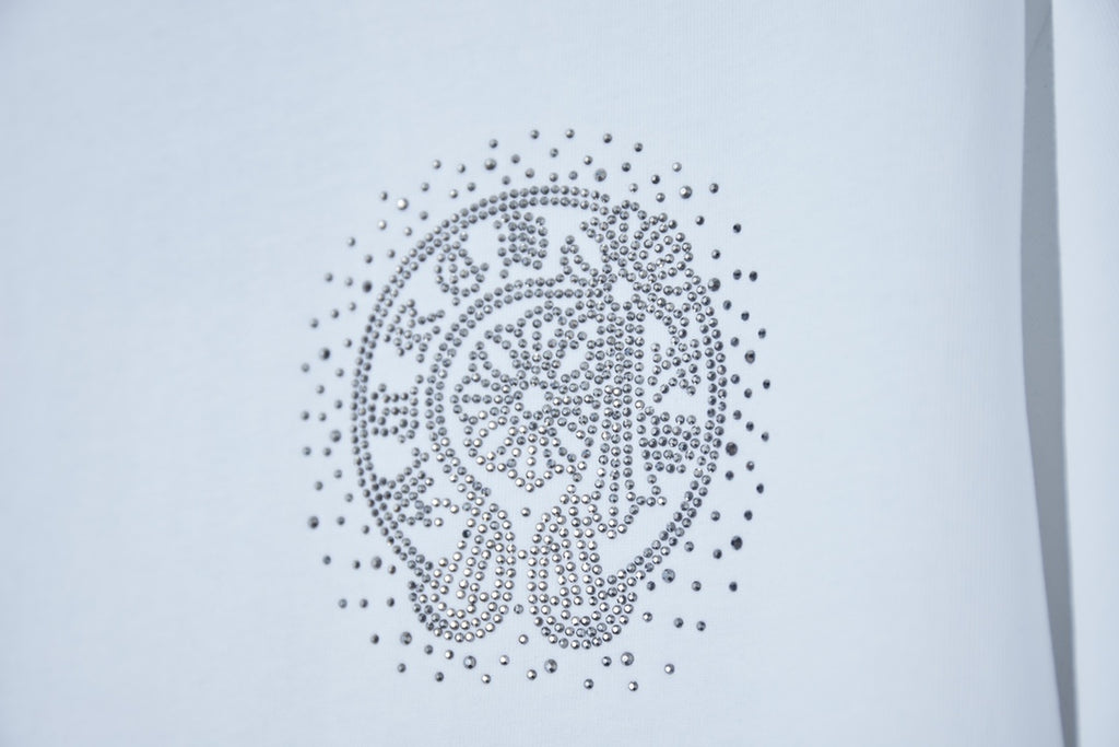 White short-sleeve T-shirt silver rhinestone round medallion detail
