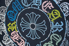 Black T-shirt close-up: rhinestone circular pattern with multicolor accents