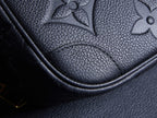 Louis Vuitton bag corner detail, embossed monogram leather with curved seam