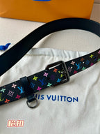 Louis Vuitton belt close-up with multicolor monogram strap and silver square buckle
