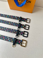 Louis Vuitton belts with multicolor monogram straps and mixed buckle finishes