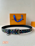 Louis Vuitton belt with multicolor monogram strap and silver buckle on dark base