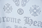 Chrome Hearts rhinestone lettering and floral icons on white T-shirt