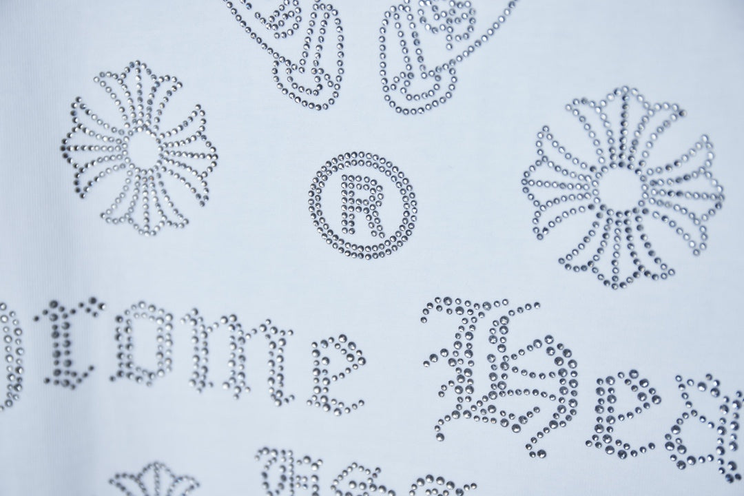Chrome Hearts rhinestone lettering and floral icons on white T-shirt