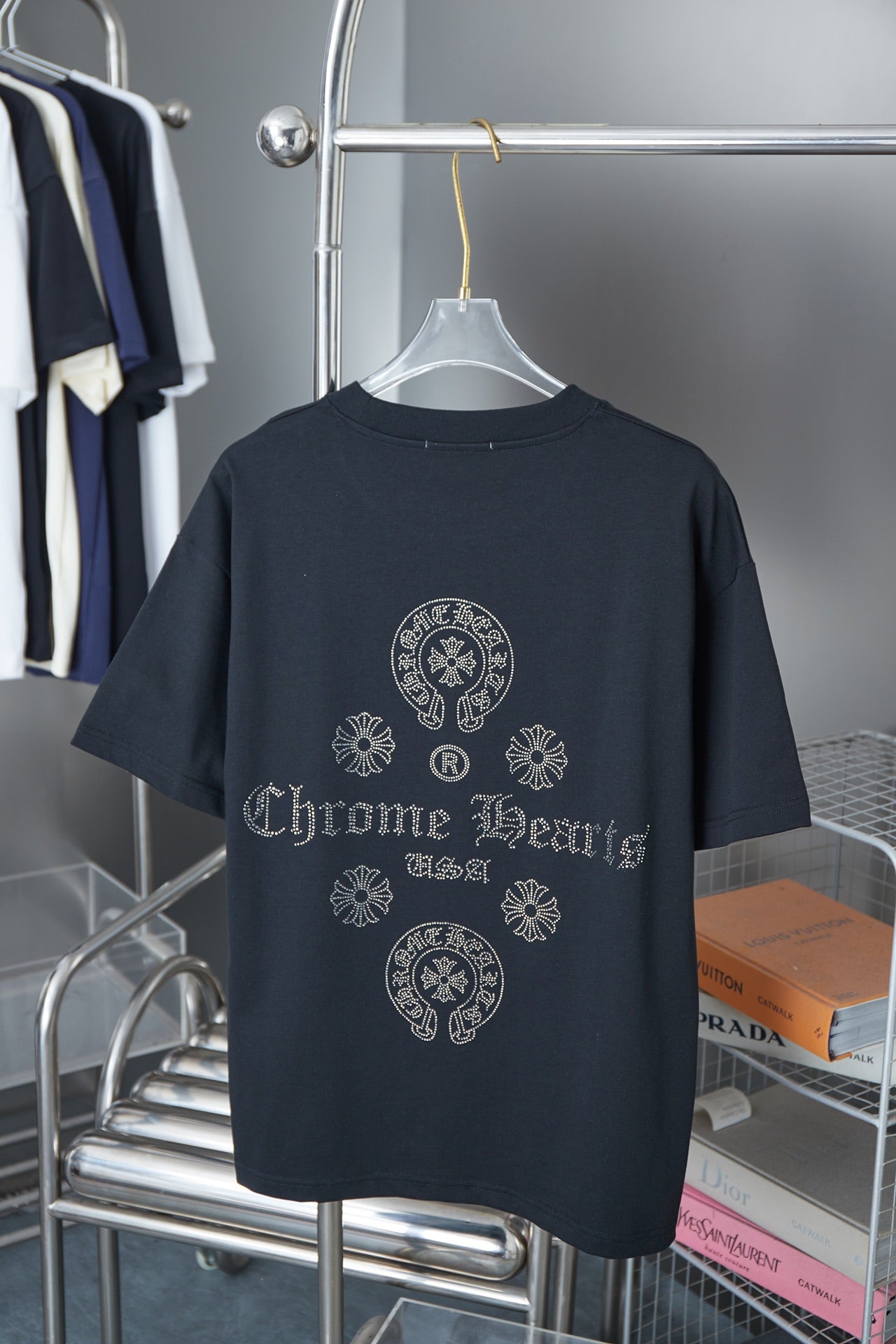Dark blue T-shirt on hanger, crew neck, rhinestone-style 'Chrome Hearts' chest print
