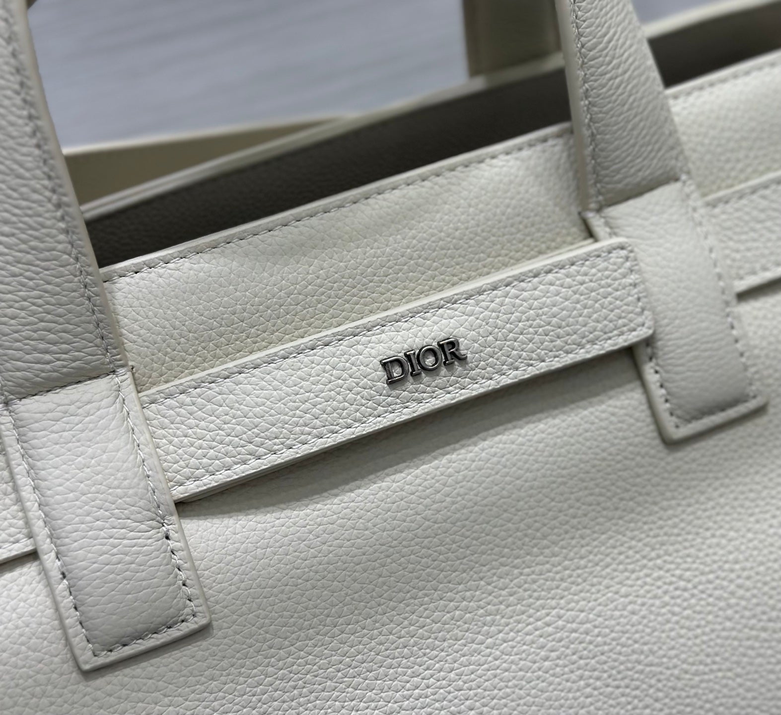 Dior handbag front panel with “DIOR” logo, textured leather and buckle detail