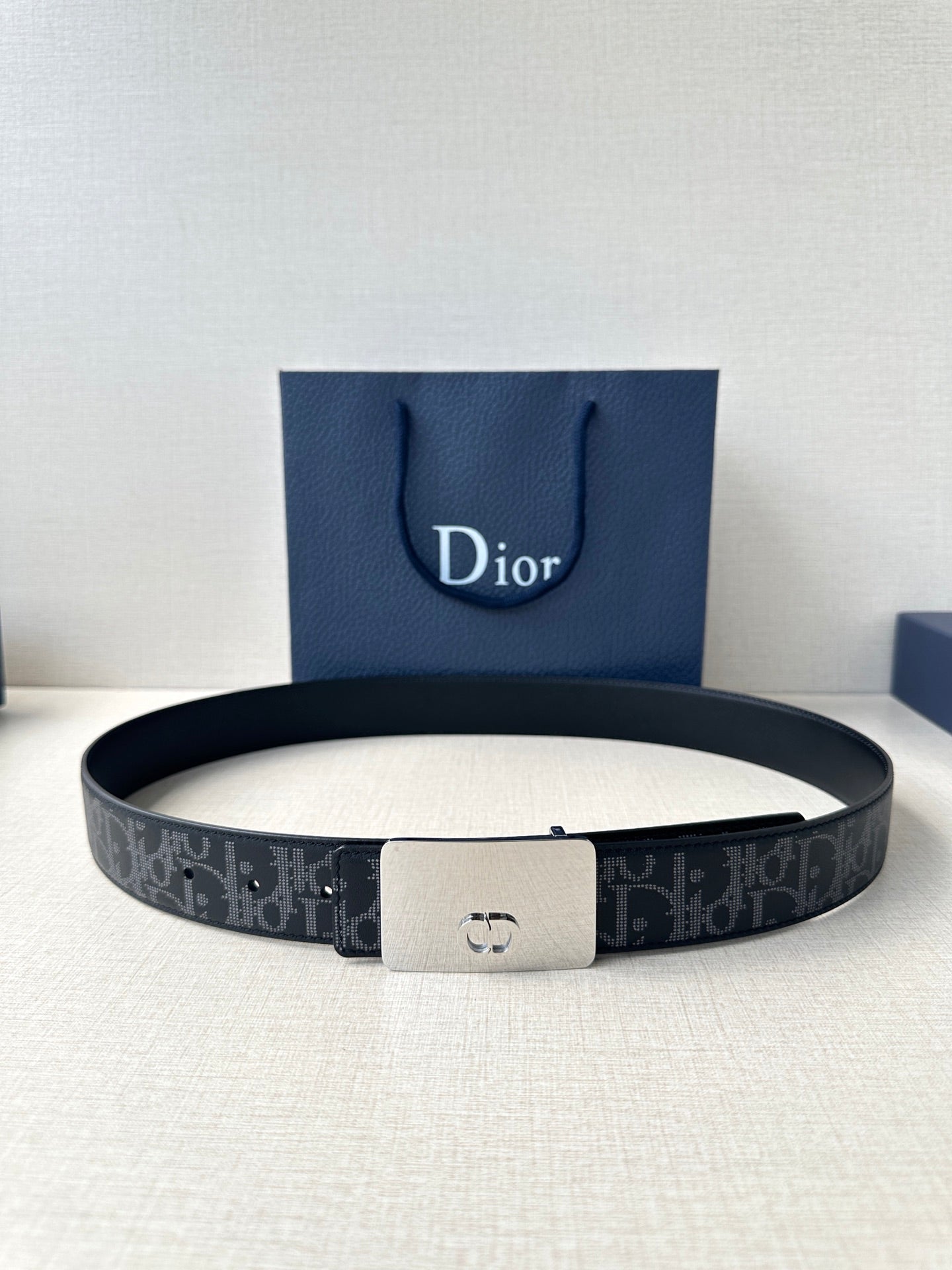 Dior belt with dark blue strap, silver-tone rectangular buckle
