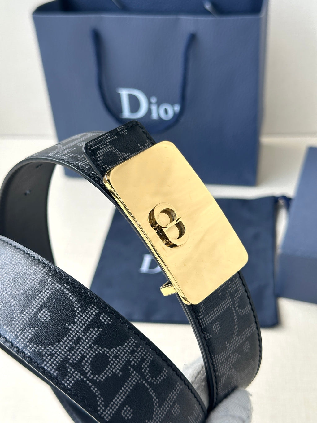 Designer belt close-up with dark patterned strap and gold-tone buckle