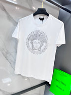 Versace white T-shirt with rhinestone Medusa graphic at center front