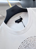 White Versace T-shirt neckline close-up with ribbed round collar and small tag