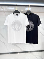 White and black Versace rhinestone graphic T-shirts with round neck and short sleeves