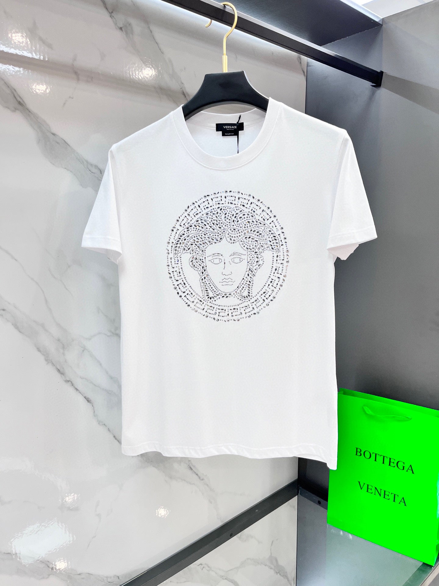 Versace white T-shirt with rhinestone Medusa graphic on the chest
