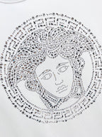Versace white T-shirt close-up of rhinestone Medusa face graphic