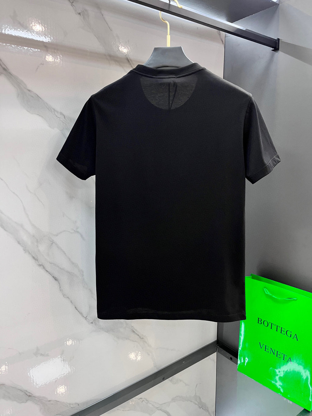 Black Versace T-shirt back view with ribbed crew neck, no back print