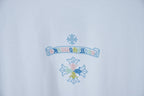 White T-shirt chest graphic with colorful beaded floral motif