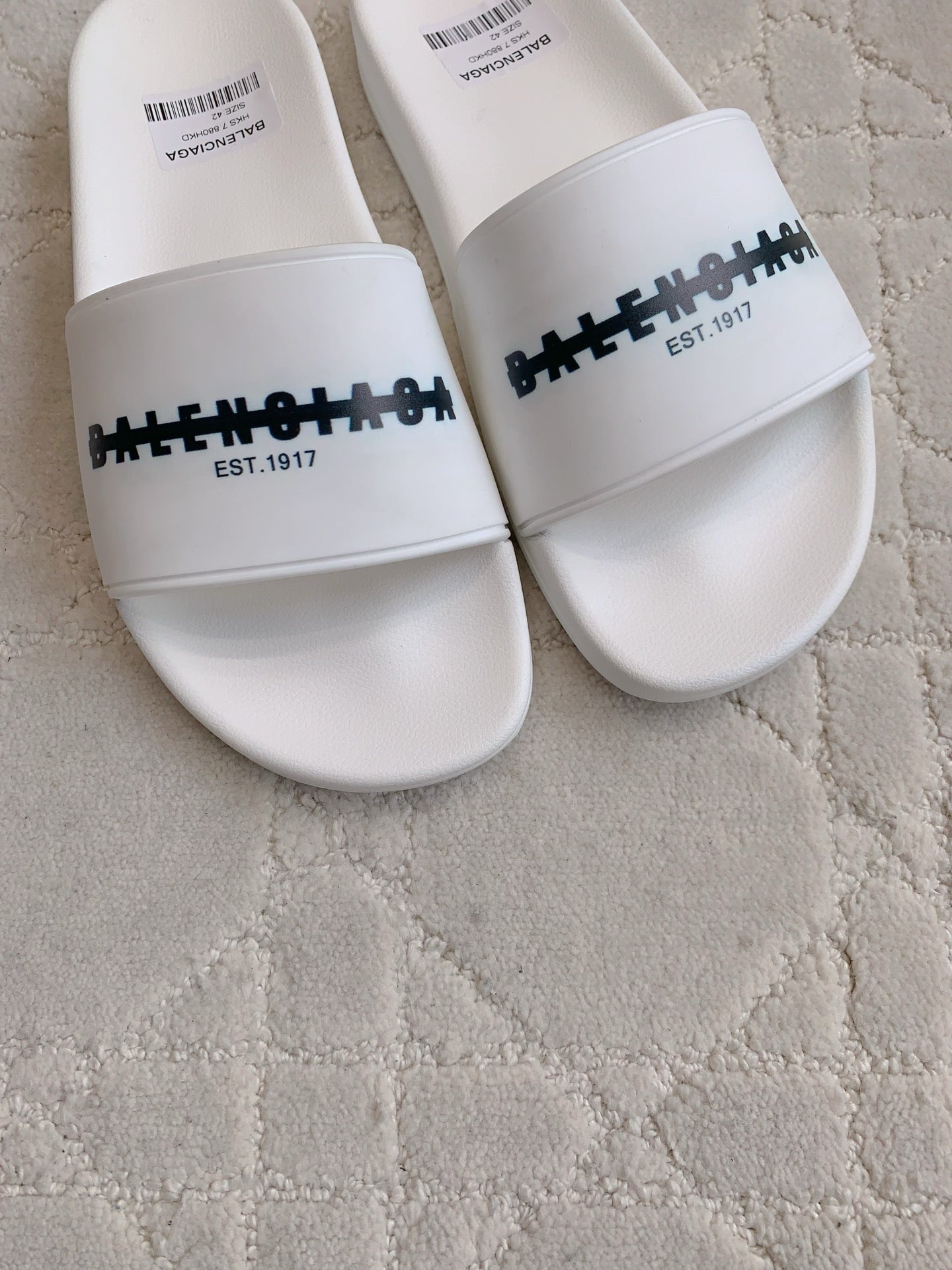Balenciaga white slide sandals with black Est. 1971 logo strap