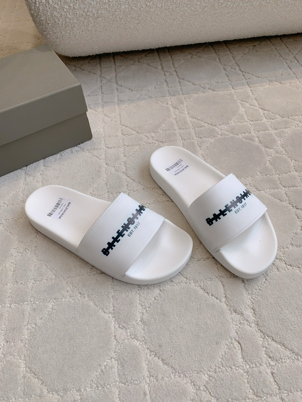 Balenciaga white slide sandals, logo strap design on footbed