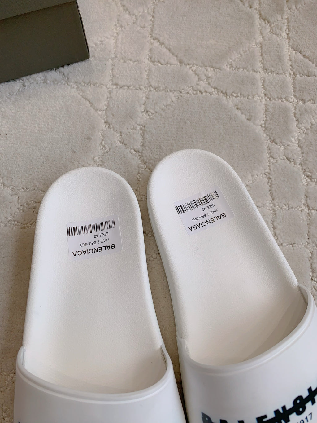 Balenciaga white slide sandals, barcode inside and black logo strap