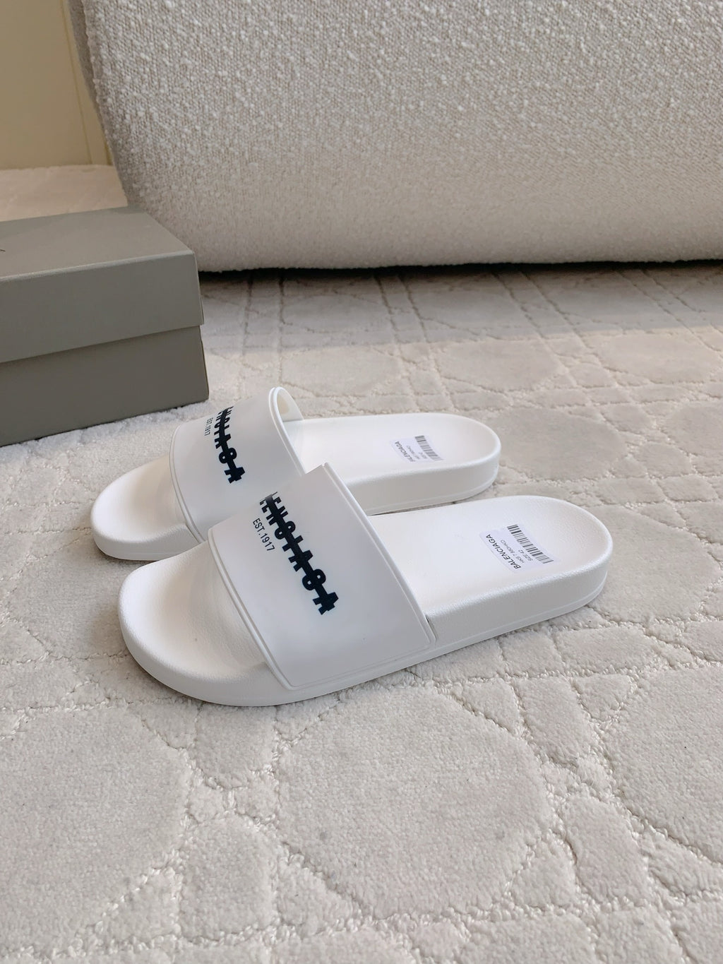 Balenciaga white slide sandals, single strap with black logo detail