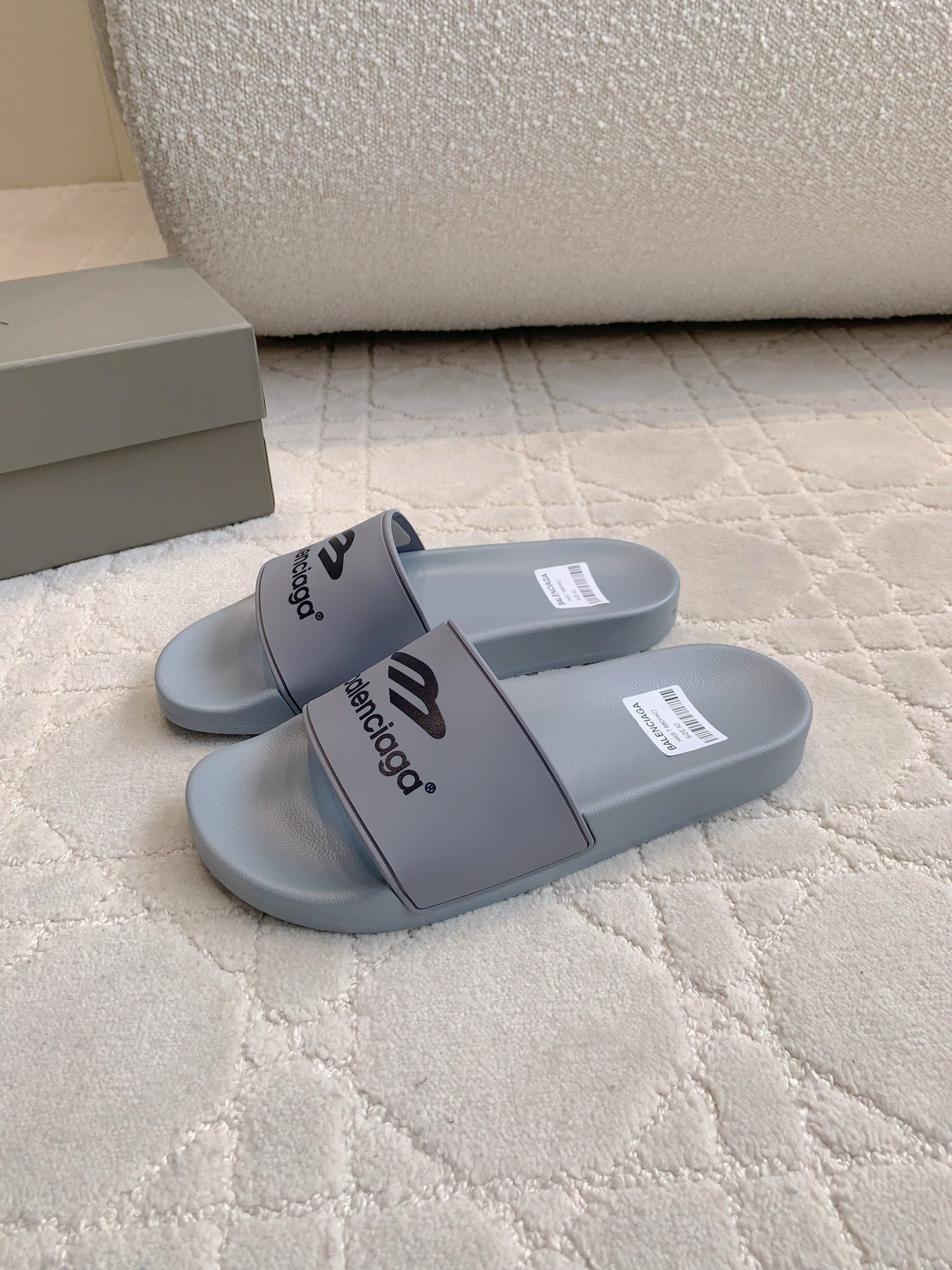 Balenciaga slide sandals, light gray, logo on wide front strap