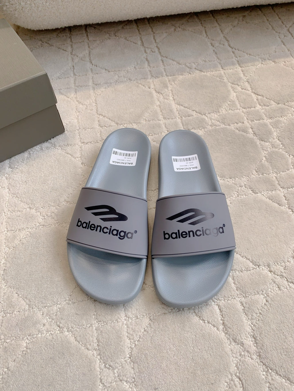 Balenciaga slide sandals, light gray with front logo strap