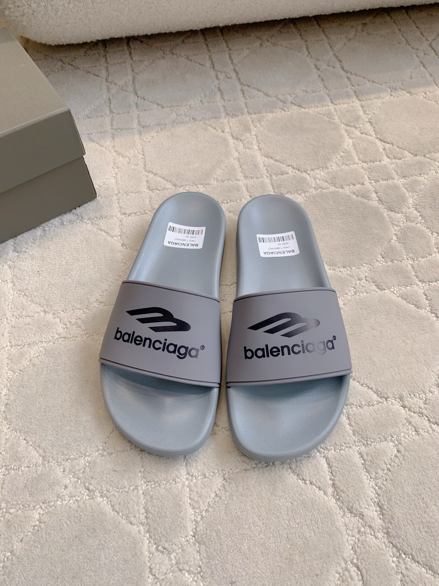 Balenciaga slide sandals, light gray with front logo strap
