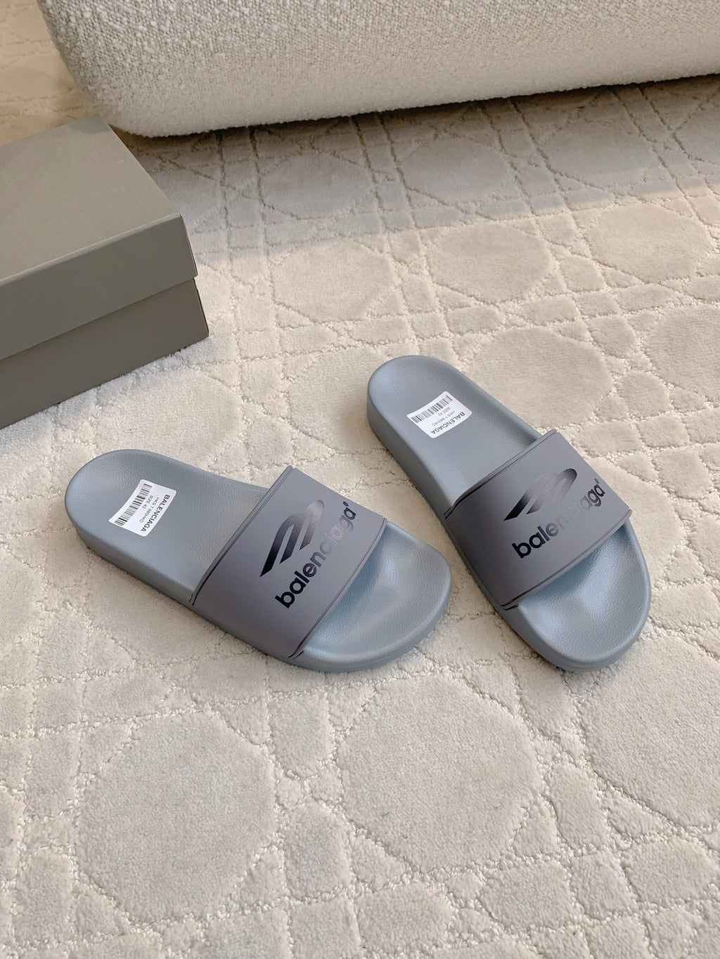 Balenciaga slide sandals, light gray open toe with strap logo