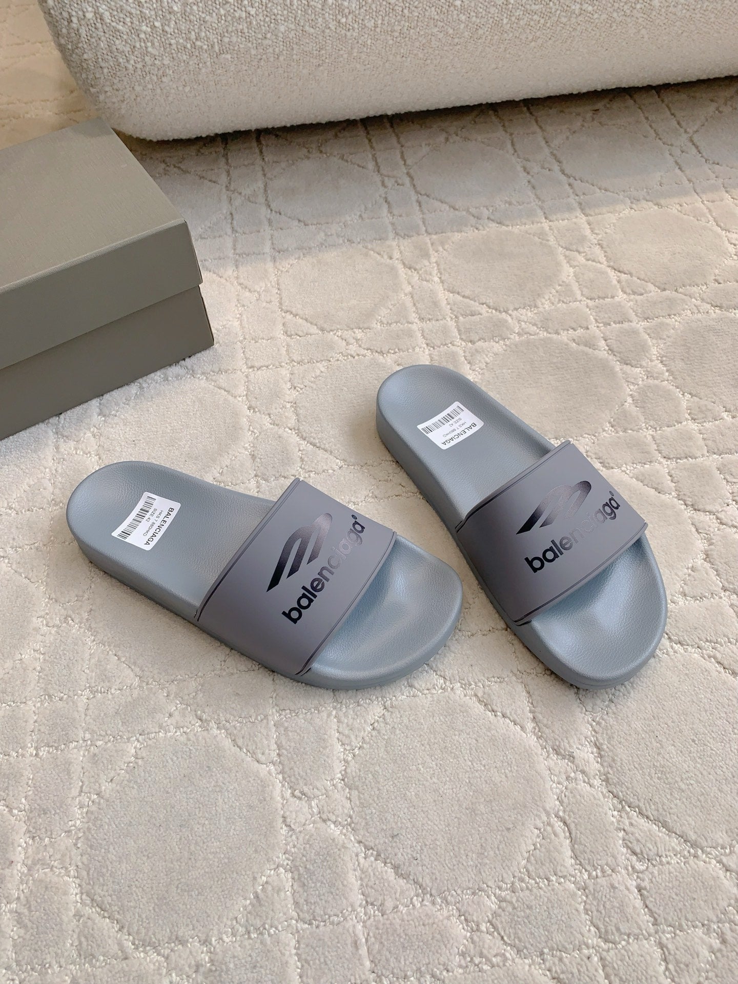 Balenciaga slide sandals, light gray open toe with strap logo