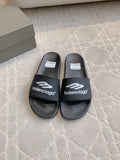 Balenciaga black slide sandals, wide strap with logo on each footbed